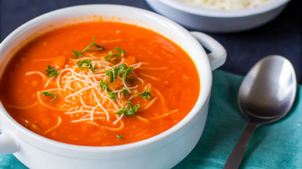 A warm bowl of creamy tomato soup, garnished with fresh basil leaves.