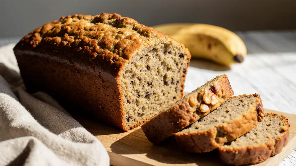 A freshly baked loaf of banana bread, sliced and ready to serve