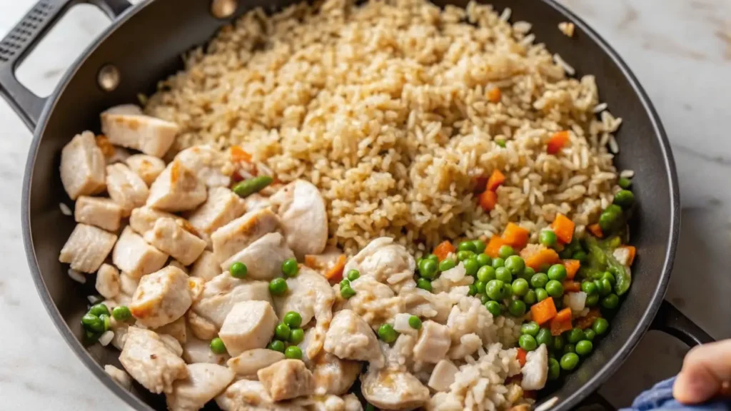 A savory plate of chicken fried rice with vegetables, scrambled eggs, and soy sauce.