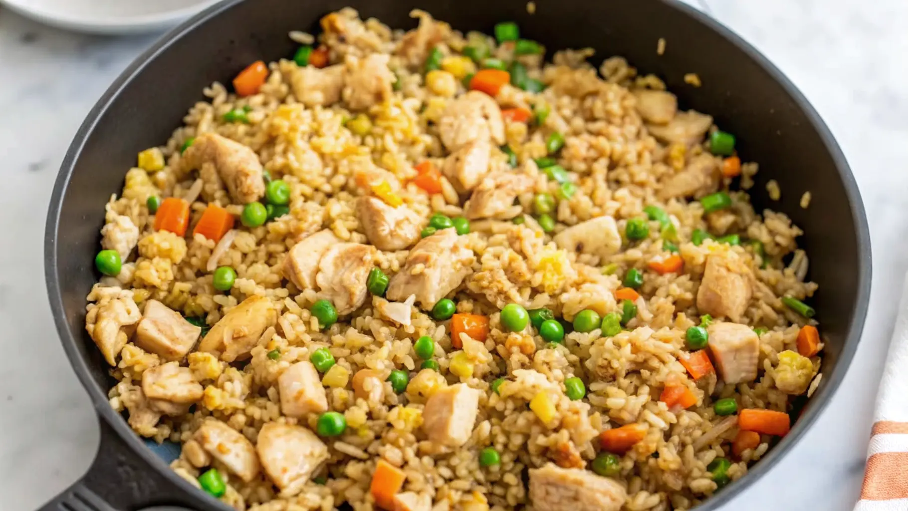 A savory plate of chicken fried rice with vegetables, scrambled eggs, and soy sauce.