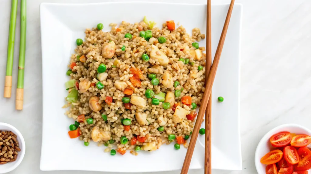 A savory plate of chicken fried rice with vegetables, scrambled eggs, and soy sauce.