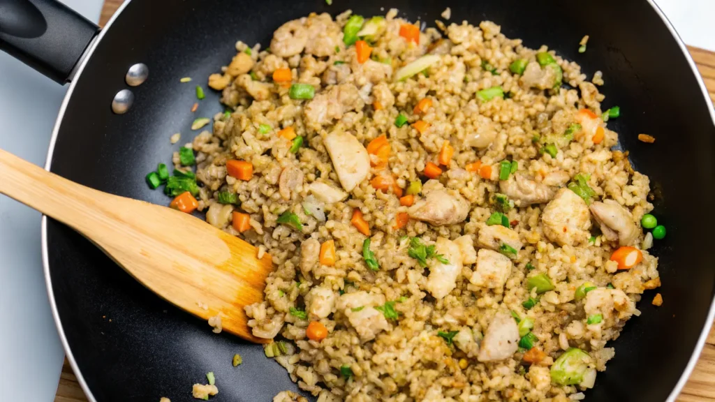 A savory plate of chicken fried rice with vegetables, scrambled eggs, and soy sauce.