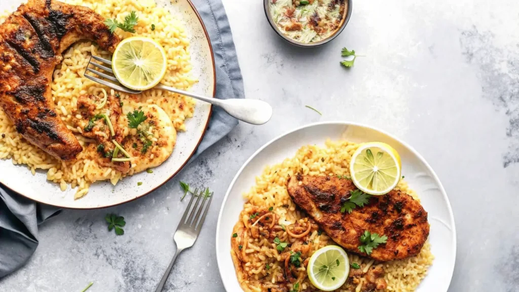 A flavorful plate of lemon herb chicken and rice, garnished with fresh herbs and lemon slices