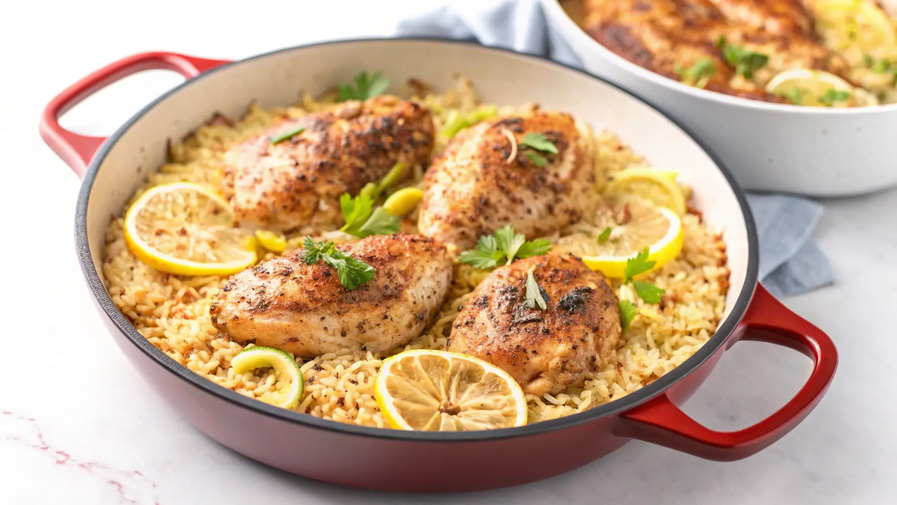 A flavorful plate of lemon herb chicken and rice, garnished with fresh herbs and lemon slices