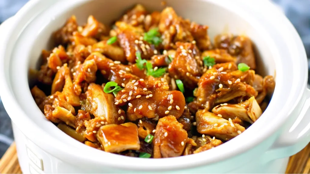 A bowl of slow cooker teriyaki chicken served over steamed rice with sesame seeds and green onions.